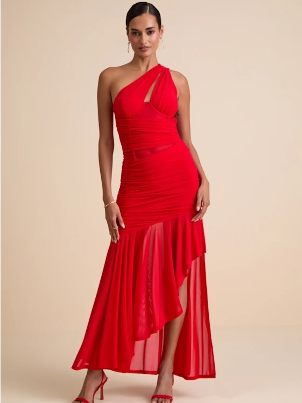 Marcellina Red Mesh Ruched One-Shoulder Maxi Dress
